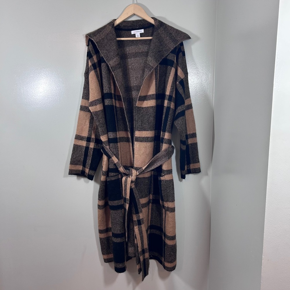 Liz Claiborne Plaid Hooded Duster Cardigan Belted Sweater Tan Black XXL